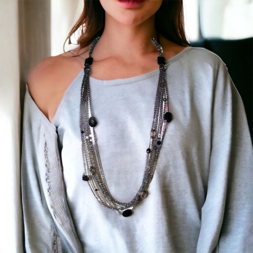 MIA Layered Long Multi-Strand Topaz & Onyx Necklace and Earrings Set  NWT